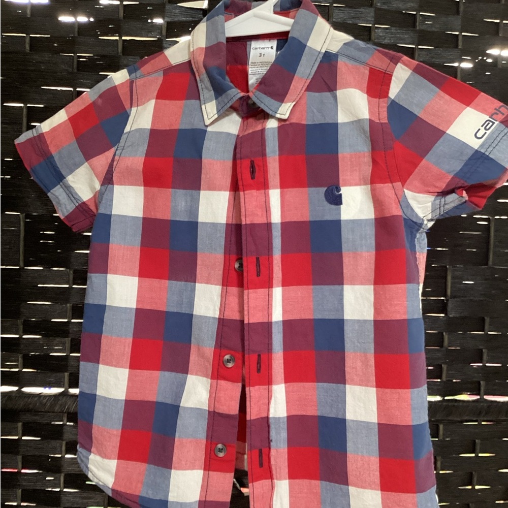 Carhartt Boys Red, Blue & White Plaid Short Sleeve Button-Down